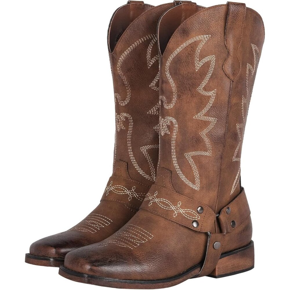 ⚡Women's Brown Buckle Strap Wide Calf Cowboy Boots Square Toe Western